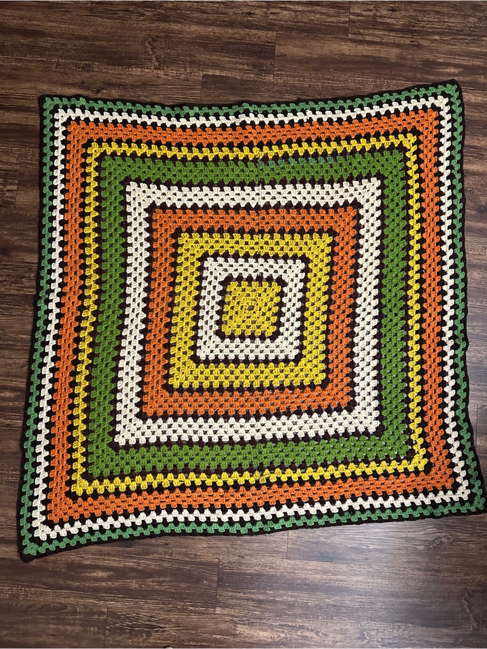 Vintage crochet throw blanket MCM mod 50” x 50” orange yellow brown handmade